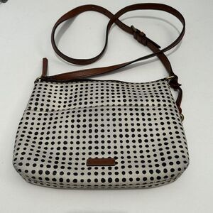 FOSSIL Fionia White Polka Dot Crossbody Purse Coated Canvas Leather Trim
